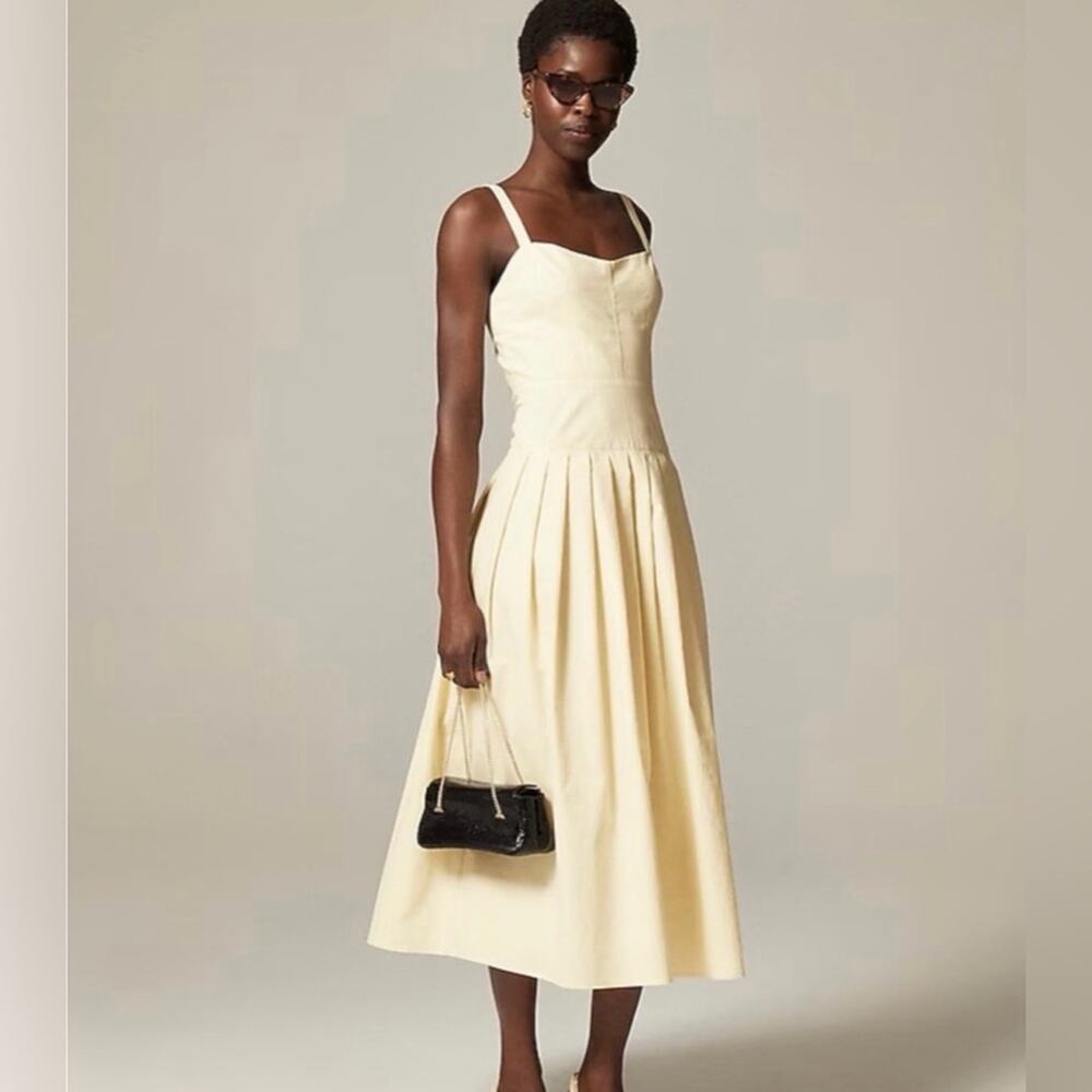 J. Crew Midi Dress Size 12 Butter Yellow Pleated drop-waist crinkle cotton blend